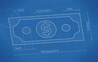 Taslak dolar banknotu. Konseptler: Finansal piyasa başarı bileşenleri: Yönetim, Yatırım, Fikir, Planlama, Takım çalışması, Strateji, para yapımı, büyüme, kâr, verimlilik, soyut vektör.