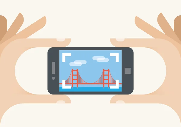 Telecamera di telefonia mobile turistica che scatta foto del ponte Golden Gate, San Francisco, California. Concetti: servizi di condivisione di fotografie (Instagram), turismo, vacanze, viaggi, luoghi famosi, vacanze, blogging — Vettoriale Stock