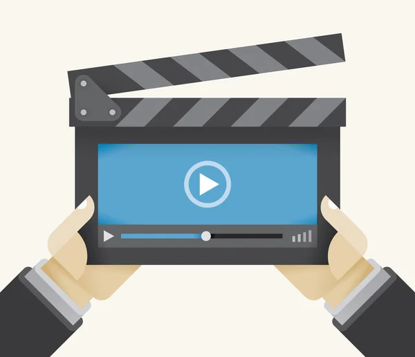 Portapapeles de película con ventana abstracta del reproductor de vídeo en manos del director. Conceptos: Películas en línea, Youtube, Instagrama, Cloud computing movies database, Mobile streaming, Publicidad, Publicidad.. — Vector de stock