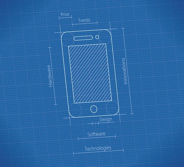 Mobile smartphone blueprint.  Concepts: digital technology trends, production, design, hardware components, software, quality, innovations ideas, electronics industry business, new cellphone models. — Stock Vector