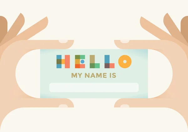 "Hello, my name is "sticker or personal business ID card in human (employee) hands. Конфеты: личная идентификация на веб-сайте, интервью, первое знакомство, знакомство, презентация (работа, карьера)) — стоковый вектор
