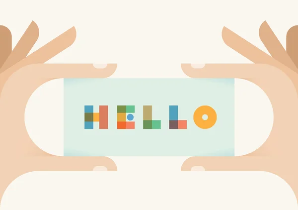 Hello vintage style badge in human hands. Concepts: Creativity, Art, Graphic design, dating, meeting, Personal identify on web site, interview, first dating, introduction, presentation (job, career) — Stock Vector