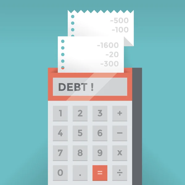 Calculator with  Debt! word on screen. — Stock Vector