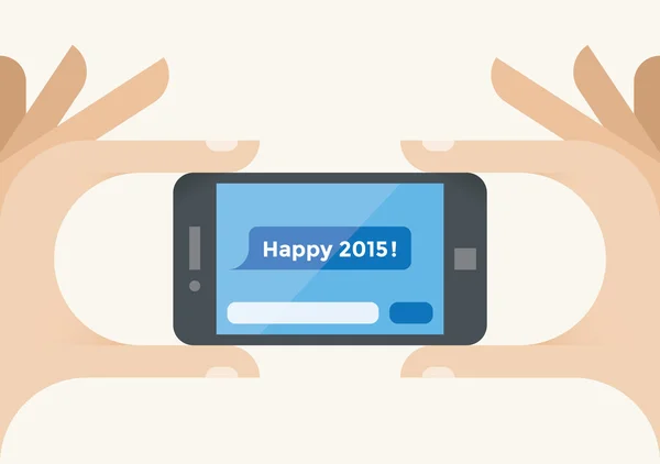 Hareket eden telefon ile mutlu 2015 Sms mesajı ekranda holding insan eller. Fikir - yeni yıl 2015 kutlama ve yılbaşı kutlama için mobil teknolojiler. — Stok Vektör