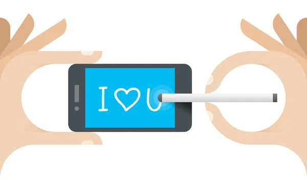 Menneskelig skriving Jeg elsker deg på mobiltelefon med stylus. Idea - ny teknologi for forhold på Internett, meldingstjenester, datering og flørting på Internett, chat, SMS, konseptet Valentines dagsorden . – stockvektor