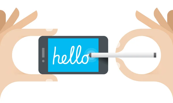 Escrita humana Hello with stylus on mobile phone. Ideia - Novas tecnologias móveis para arte, design, criatividade, bate-papo, sms e serviço de mensagens online —  Vetores de Stock