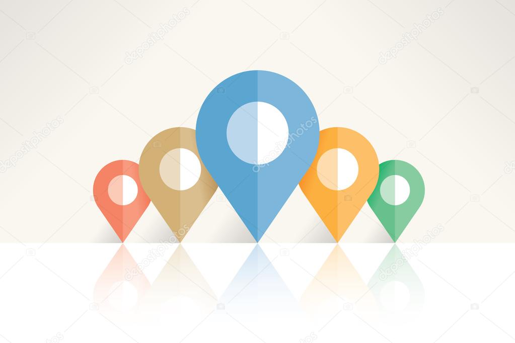Navigation (Google maps etc.) application program map pin pointers. Concepts: GPS, cartography symbols, travel, landmarks, tourist famous places, tourism, address, transportation location markers