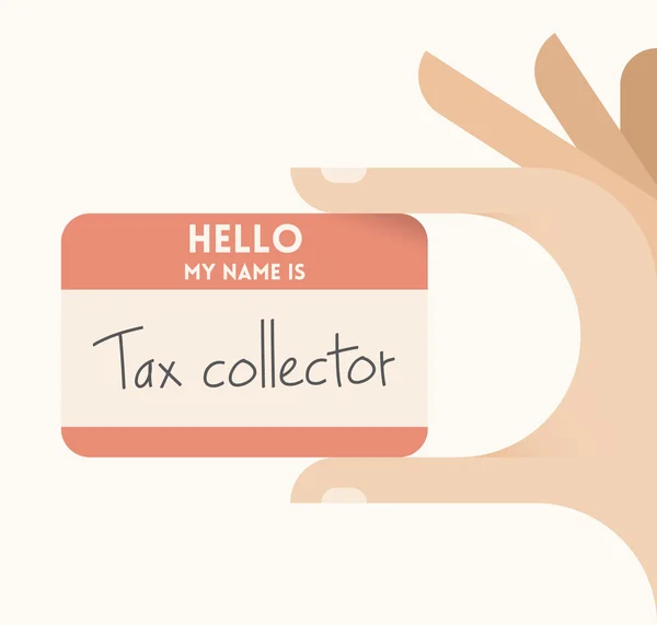 Бизнесмен держит визитку с текстом Hello my name is Tax collector. Идея - Сбор неоплаченных налогов с людей или корпораций, налоговых инспекторов, профессии коллекционеров . — стоковый вектор