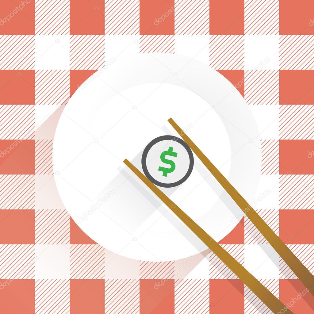 Chopsticks with sushi with dollar symbol inside on the plate in restaurant. Vector illustration with cute design. Idea - Business lunch, Negotiations, Sharing, Dividing Business, Profit, Success, Idea