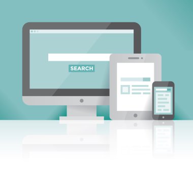 Masaüstü bilgisayarı, tablet, cep telefonu arama web tarayıcı sayfası. Kavramları: Google Chrome, Mozilla Firefox, Opera, Explorer, Bing, Internet Arama hizmetleri, Çapraz Platform Uygulama Geliştirme