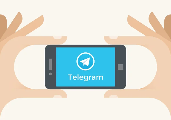 Nueva York, Estados Unidos - 14 de agosto de 2013: Manos humanas sosteniendo el teléfono móvil con el servicio de redes sociales lanzado Telegram en la pantalla — Archivo Imágenes Vectoriales