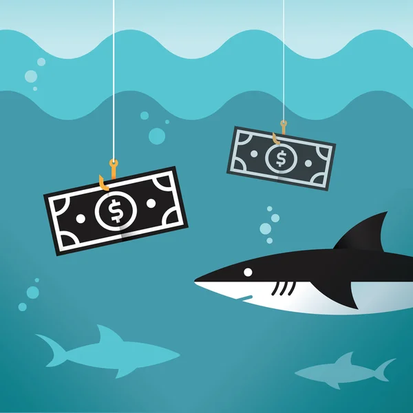 商业的鲨鱼。美元的钞票迷上了钓鱼钩。业务鲨鱼寻找利润的概念。想法 — — 商务谈判，陷阱，商业动机，薪金，成功、 利润等. — 图库矢量图片