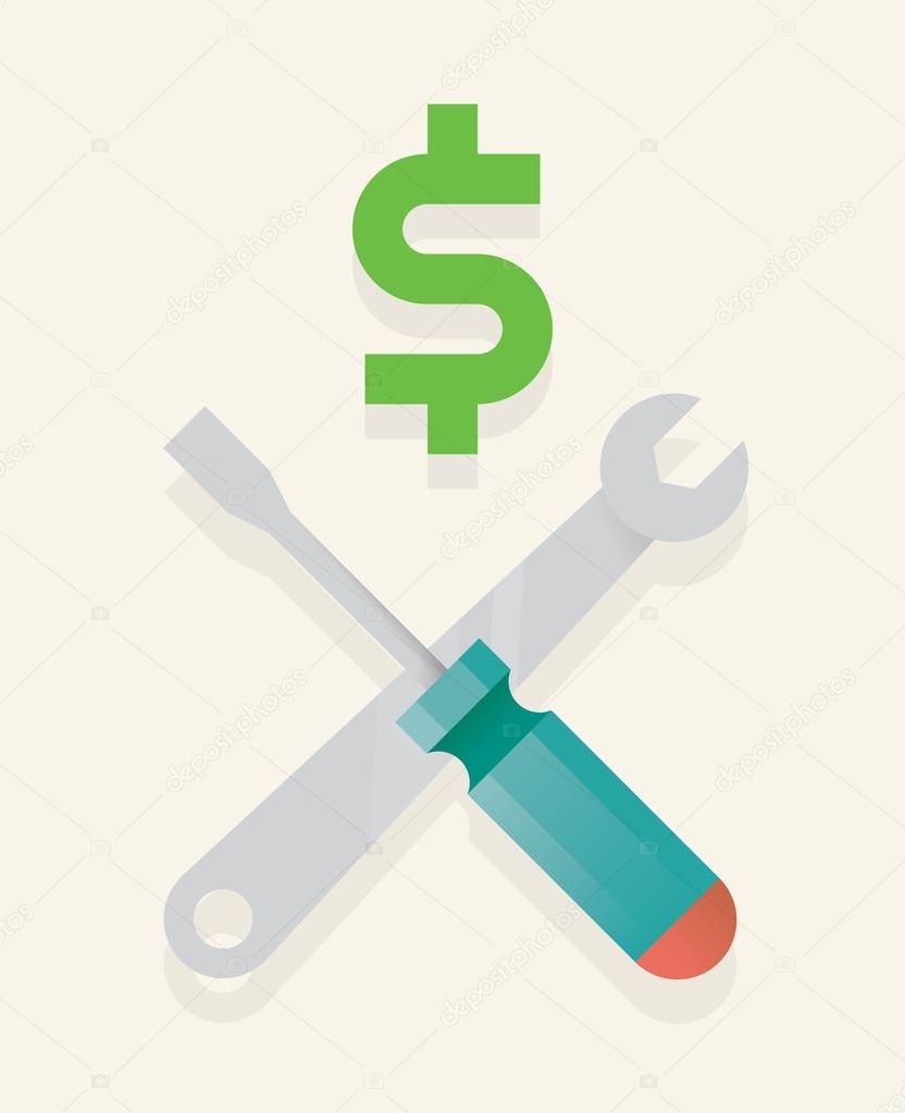 Abstract unusual business repair symbol icon with screwdriver, wrench and dollar in form of skull and crossbones sign.  Crisis management, Bankruptcy helping concepts.