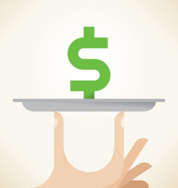 Dolar sembollü servis tepsisini tutan iş adamının soyut vektör çizimi. Fikir - İş kârı, başarılı müzakereler sonucu, Loto kazancı, Şirket büyümesi, Liderlik, İş yemeği.
