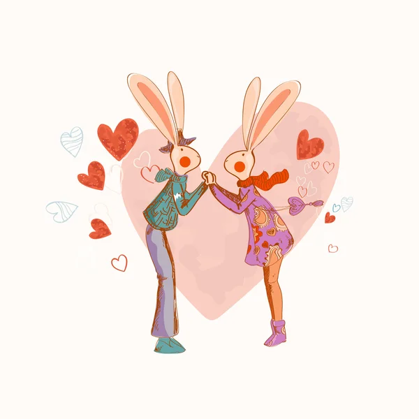 Conejos en la tarjeta del amor — Vector de stock