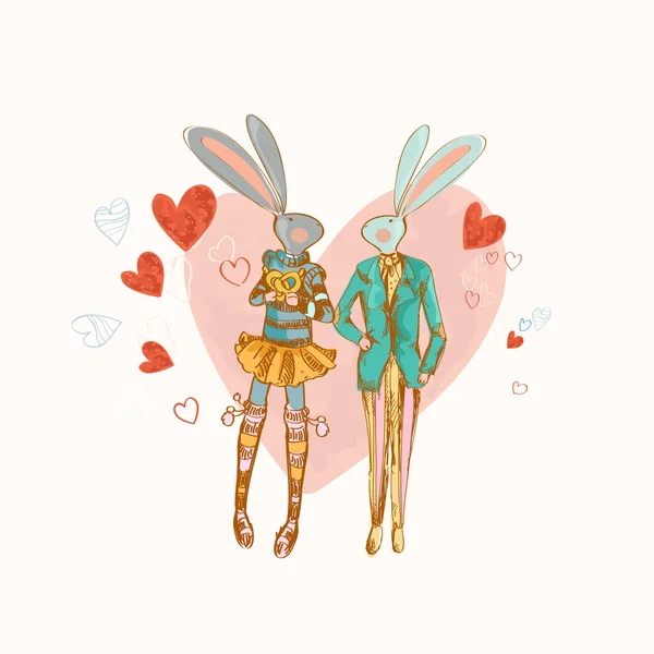 Hipster  rabbits in love — Stock Vector