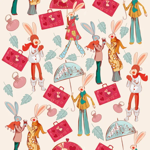 Hipster pattern with bags and rabbits — Stock Vector