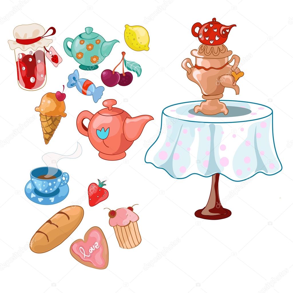 Cartoon tea set with cakes