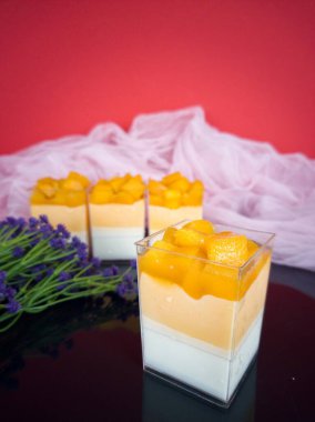 Tatlı ve lezzetli mango panna cotta, İtalya 'da ünlü bir tatlı olan pişmiş krema anlamına gelir. Seçici odak noktaları. Bulanık arkaplan