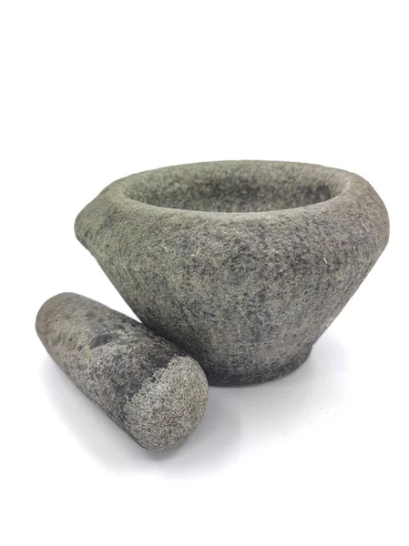 Traditional Stone Mortar Pestle White Background Selective Focus Points — Stock fotografie
