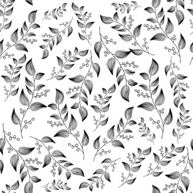 Çilekli dalların el çizimi siyah ve beyaz deseni