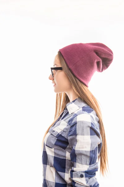 Side view photo of girl in glasses and violet cap — Stock Photo, Image