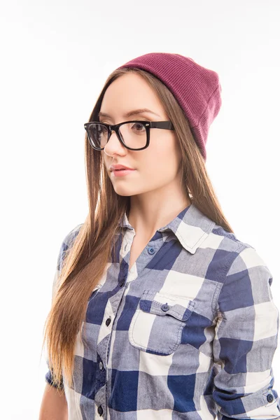 Close up portrait of attractive hipster girl posing in cap and g — Stock Photo, Image