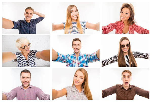 Collage verschiedener fröhlicher Menschen, die unterschiedliche Selfies machen — Stockfoto