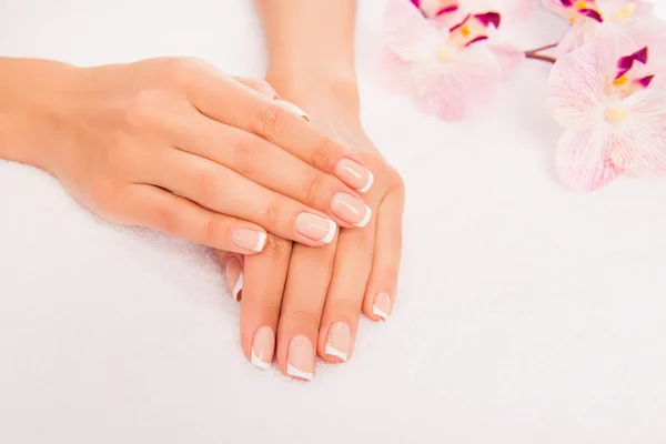 Close up foto da mão da mulher com manicure e flor de orchi — Fotografia de Stock