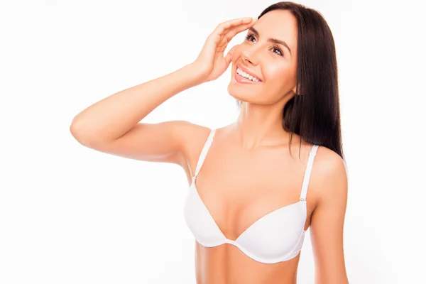 Portrait of sexy smiling young woman in white bra — Stock Photo, Image
