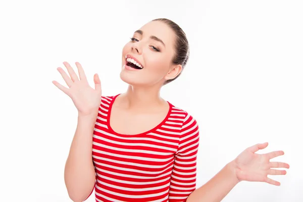 Retrato de chica sonriente feliz sorprendida haciendo gestos con las manos —  Fotos de Stock