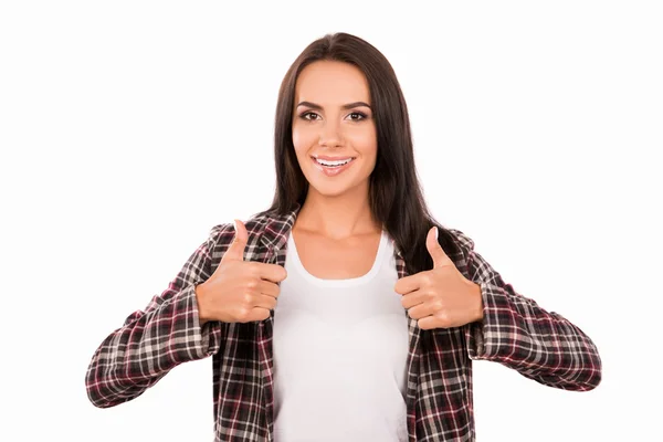 Portret van jonge vrolijke brunette gebaren "als" met twee h — Stockfoto
