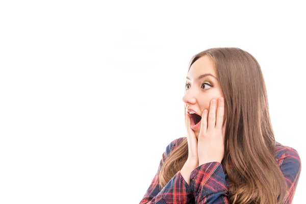 Mujer bonita sorprendida con la boca abierta tocando su cara —  Fotos de Stock