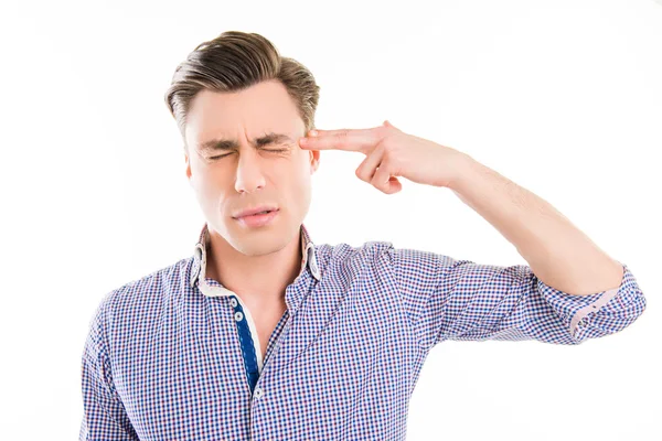 Handsome man with closed eyes gesturing with hand like gun — Stock Photo, Image