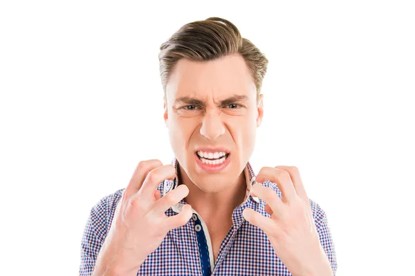 Close up foto de jovem furioso gritando e mostrando sua mão — Fotografia de Stock