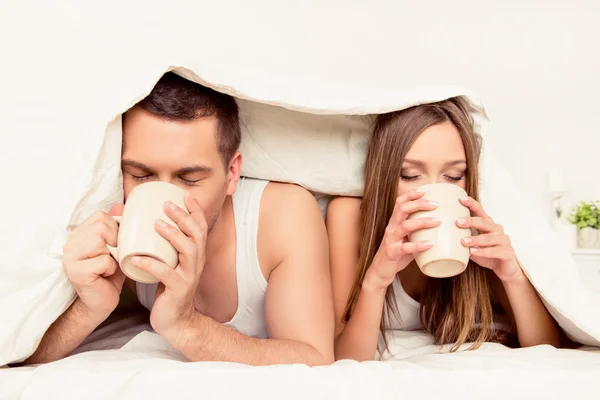 Крупним планом портрет двох закоханих, що п'ють чай під ковдрою — стокове фото