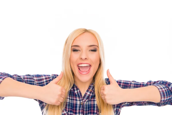 Happy pretty young woman showing thumbs up — Stock Photo, Image