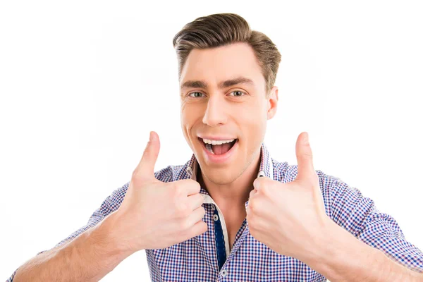 Cheerful happy man gesturing with two thumbs up — Stock Photo, Image