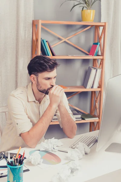 Portrait of tired minded man trying to finish hard task — Stock Photo, Image