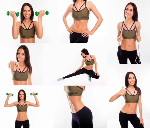 Collage of fit slim muscular woman going in for sports — Stock Photo, Image