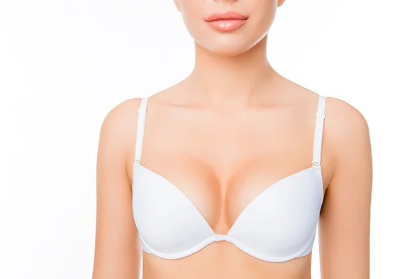 Close up portrait of shapely sexy woman in white bra — Stock Photo, Image