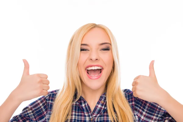 Attractive cheerful happy young woman gesturing "LIKE" — Stock Photo, Image