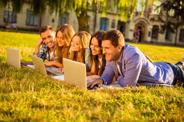 Cinque fidanzati gioiosi e fidanzate sdraiate sul plaid e studiano — Foto Stock