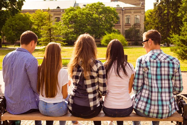 Foto vista para trás de cinco estudantes diversos sentados no banco e st — Fotografia de Stock