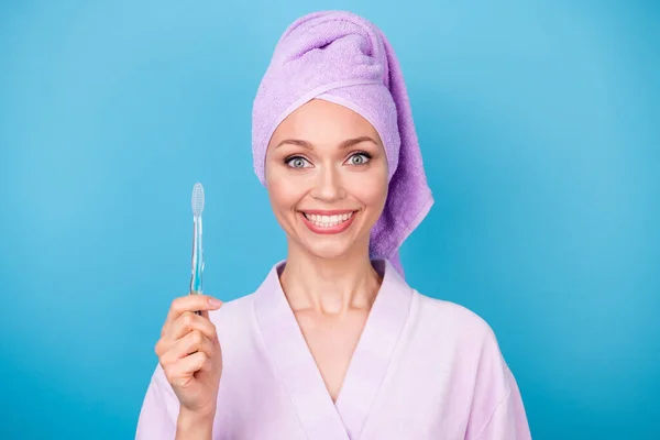 Foto de la encantadora dama sostiene el cepillo de dientes dientes brillante blanco sonriente desgaste púrpura toalla turbante albornoz aislado color azul fondo — Foto de Stock