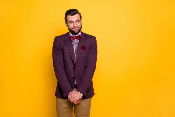Photo of handsome stylish guy shy person boyfriend look girlfriend prom party inviting dance wear specs tie bow plaid shirt blazer isolated yellow vibrant vivid color background — Stock Photo, Image