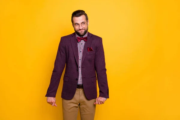 Photo of handsome cool clothes stylish guy boyfriend shy look girlfriend prom party inviting dance wear specs tie bow plaid shirt blazer isolated yellow vibrant vivid color background — Stock Photo, Image