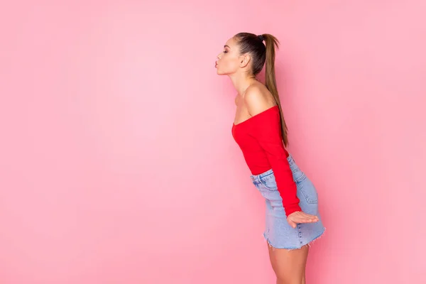 Profil sida visa porträtt av henne hon snygg attraktiv vacker ganska charmig drömmande flicka skicka luft kyss isolerad över rosa pastell färg bakgrund — Stockfoto