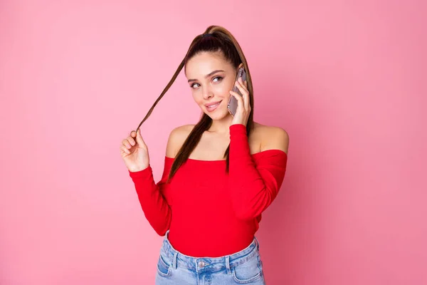 Portrait of her she nice-looking attractive lovely pretty charming feminine cute cheery girl calling boyfriend arranging meeting date isolated over pink pastel color background — Stock Photo, Image