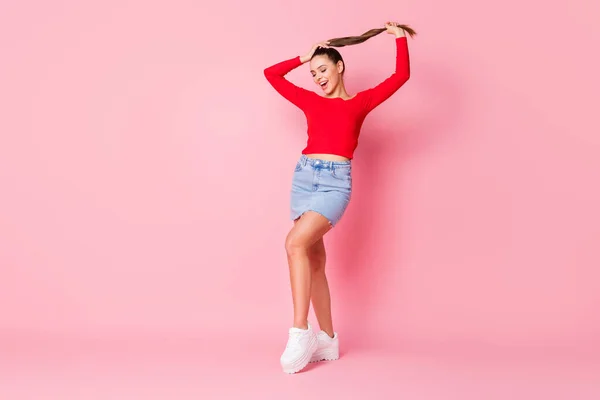 Full length body size view of her she nice-looking attractive lovely pretty gorgeous dreamy cheerful girl posing having fun spending time isolated over pink pastel color background — Stock Photo, Image